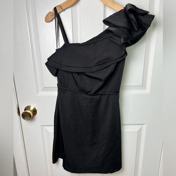 Mac Duggal Womens Ieena One Shoulder Ruffle Black A-line Mini Dress 2 - Picture 3 of 10